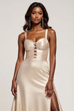 Champagne A Line Sweetheart Satin Long Prom Dress with Slit