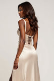 Champagne A Line Sweetheart Satin Long Prom Dress with Slit