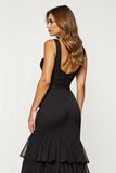 Black Sheath Tiered V-Neck Long Prom Dress with Slit