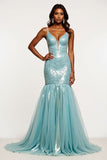 Sparkly Light Blue Mermaid V-Neck Appliqued Long Prom Dress