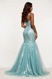 Sparkly Light Blue Mermaid V-Neck Appliqued Long Prom Dress