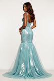 Sparkly Light Blue Mermaid V-Neck Appliqued Long Prom Dress