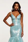Sparkly Light Blue Mermaid V-Neck Appliqued Long Prom Dress