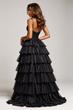 Black Ball Gown Spaghetti Straps Long Tiered Prom Dress With Slit