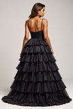 Black Ball Gown Spaghetti Straps Long Tiered Prom Dress With Slit