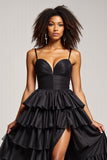 Black Ball Gown Spaghetti Straps Long Tiered Prom Dress With Slit