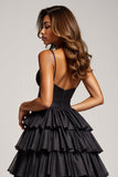 Black Ball Gown Spaghetti Straps Long Tiered Prom Dress With Slit