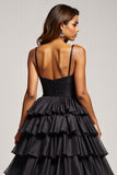 Black Ball Gown Spaghetti Straps Long Tiered Prom Dress With Slit