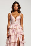 Blush Flower A Line Chiffon V-Neck Long Floral Prom Dress with Slit