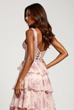 Blush Flower A Line Chiffon V-Neck Long Floral Prom Dress with Slit
