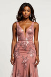 Dusty Rose Sheath V-Neck Sequined Maxi Prom Dress with Slit