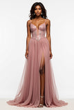 Corset Dusty Rose Tulle A Line Prom Dress with Slit