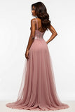 Corset Dusty Rose Tulle A Line Prom Dress with Slit