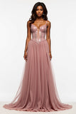 Corset Dusty Rose Tulle A Line Prom Dress with Slit