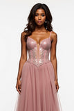 Corset Dusty Rose Tulle A Line Prom Dress with Slit