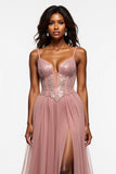 Corset Dusty Rose Tulle A Line Prom Dress with Slit