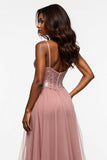 Corset Dusty Rose Tulle A Line Prom Dress with Slit