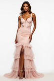 Blush Pink Mermaid Tiered Maxi Tulle Prom Dress with Slit