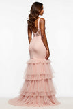 Blush Pink Mermaid Tiered Maxi Tulle Prom Dress with Slit