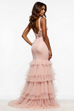 Blush Pink Mermaid Tiered Maxi Tulle Prom Dress with Slit