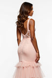 Blush Pink Mermaid Tiered Maxi Tulle Prom Dress with Slit