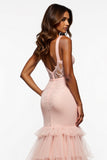Blush Pink Mermaid Tiered Maxi Tulle Prom Dress with Slit