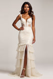 Light Champagne Mermaid V-Neck Tiered Long Prom Dress with Slit