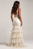 Light Champagne Mermaid V-Neck Tiered Long Prom Dress with Slit