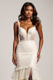 Light Champagne Mermaid V-Neck Tiered Long Prom Dress with Slit