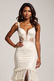 Light Champagne Mermaid V-Neck Tiered Long Prom Dress with Slit