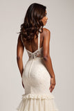 Light Champagne Mermaid V-Neck Tiered Long Prom Dress with Slit