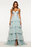 A Line Light Blue Tiered Tulle Long Corset Prom Dress with Slit