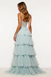 A Line Light Blue Tiered Tulle Long Corset Prom Dress with Slit