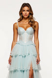 A Line Light Blue Tiered Tulle Long Corset Prom Dress with Slit