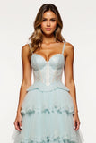 A Line Light Blue Tiered Tulle Long Corset Prom Dress with Slit