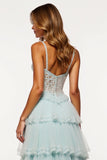 A Line Light Blue Tiered Tulle Long Corset Prom Dress with Slit