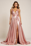 Metallic Dusty Rose V-Neck A Line Long Satin Prom Dress with Slit