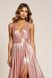 Metallic Dusty Rose V-Neck A Line Long Satin Prom Dress with Slit