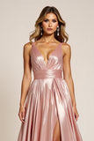 Metallic Dusty Rose V-Neck A Line Long Satin Prom Dress with Slit