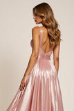 Metallic Dusty Rose V-Neck A Line Long Satin Prom Dress with Slit