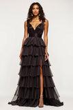 V Neck Black A Line Tiered Maxi Tulle Prom Dress with Slit