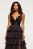 V Neck Black A Line Tiered Maxi Tulle Prom Dress with Slit