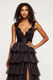 V Neck Black A Line Tiered Maxi Tulle Prom Dress with Slit
