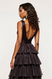 V Neck Black A Line Tiered Maxi Tulle Prom Dress with Slit