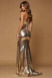 Metallic Golden Sheath Satin Maxi Prom Dress with Slit