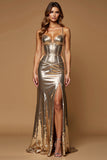 Metallic Golden Sheath Satin Maxi Prom Dress with Slit
