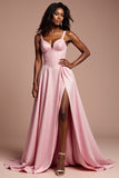 Corset Pink A Line Long Prom Dress with High Slit