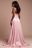 Corset Pink A Line Long Prom Dress with High Slit