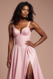 Corset Pink A Line Long Prom Dress with High Slit