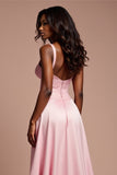 Corset Pink A Line Long Prom Dress with High Slit